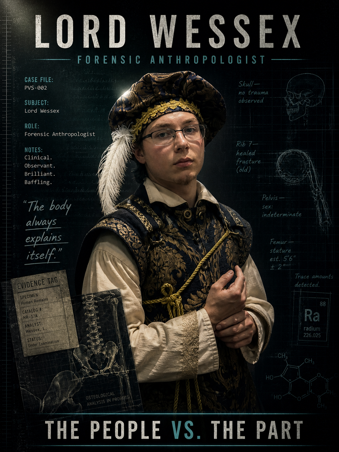 Character poster for Lord Wessex, Forensic Anthropologist.