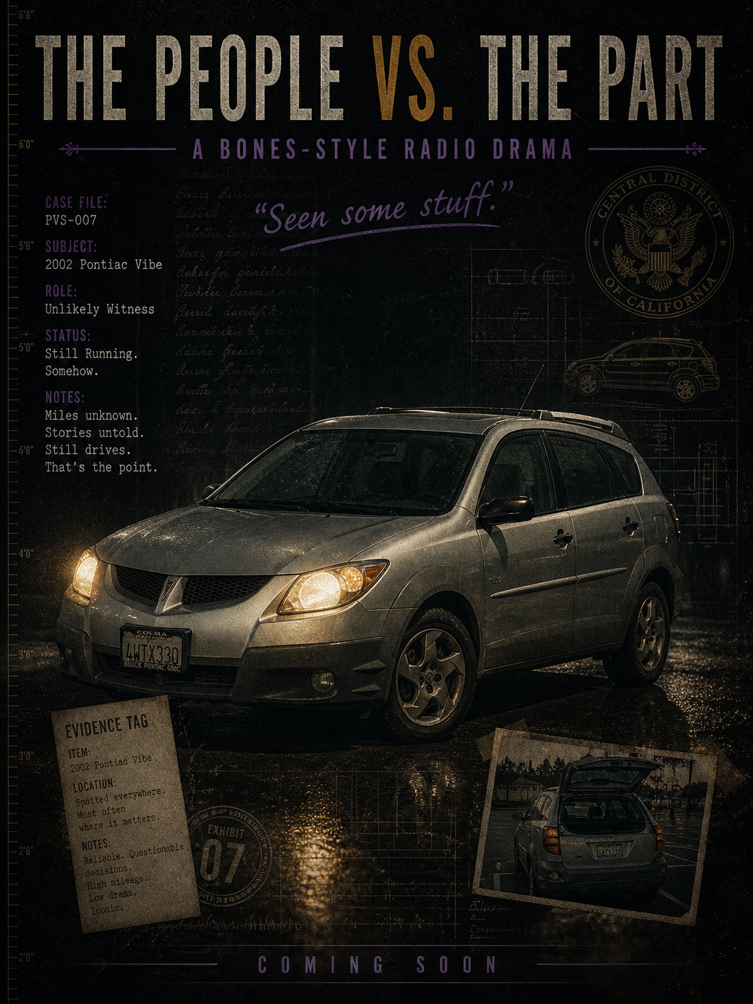 Character poster for the 2002 Pontiac Vibe, Unlikely Witness. A silver Pontiac Vibe with headlights on, parked at night in the rain.