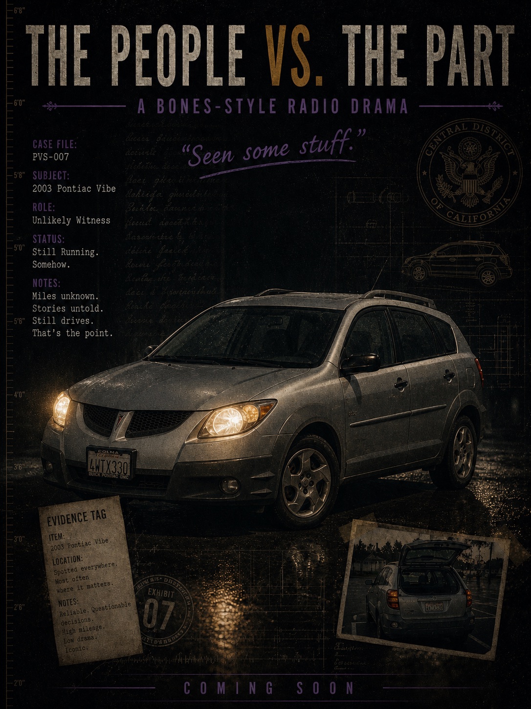 Character poster for the 2003 Pontiac Vibe, Unlikely Witness. A silver Pontiac Vibe with headlights on, parked at night in the rain.