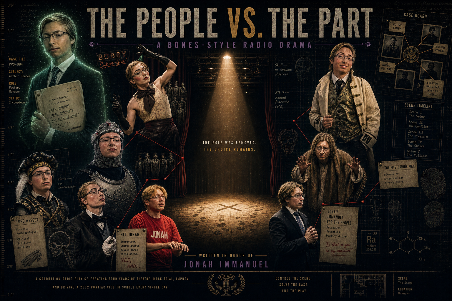 Full ensemble poster. The cast of The People vs. The Part arranged around a single spotlight on a wooden stage. Tagline reads, the role was removed, the choice remains. Written in honor of Jonah Immanuel.